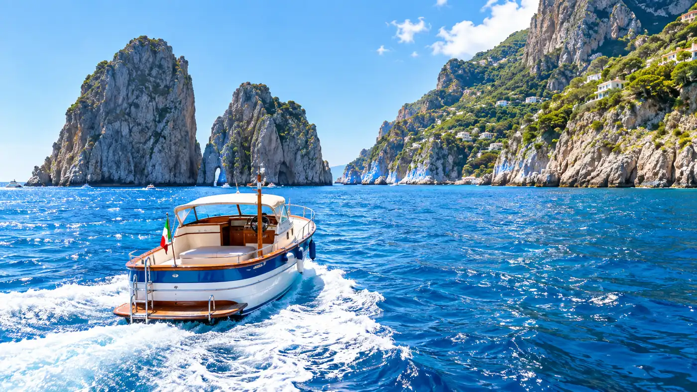 Ausflugsboote vor der Küste von Capri in der Nähe der Blauen Grotte
