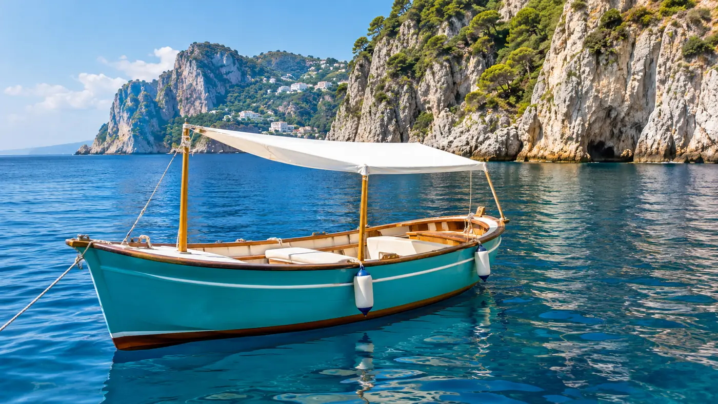 Ein kleines traditionelles Boot vor der Küste von Capri