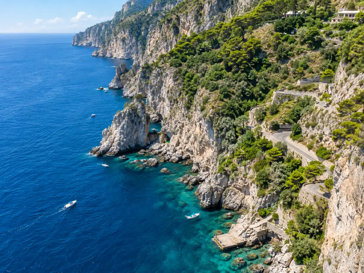 Two routes reach the same landing: the motorboat from Marina Grande, or the bus and stairs from Anacapri