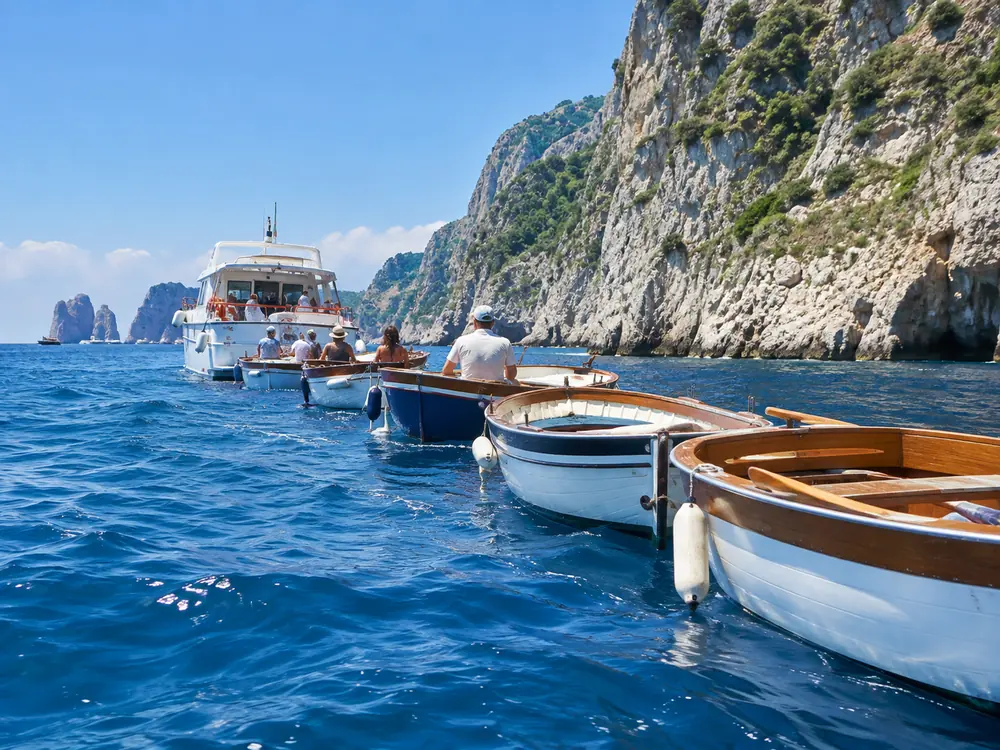 The rowboat queue at the Blue Grotto landing